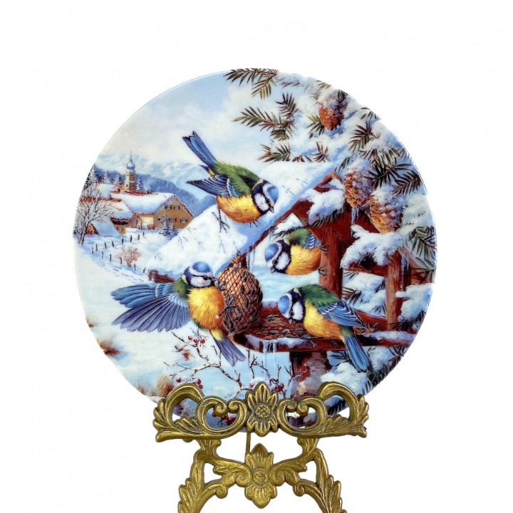 Декоративная тарелка, Птицы зимой, Полуденное лакомство синих синиц, Schirnding Bavaria. Германия