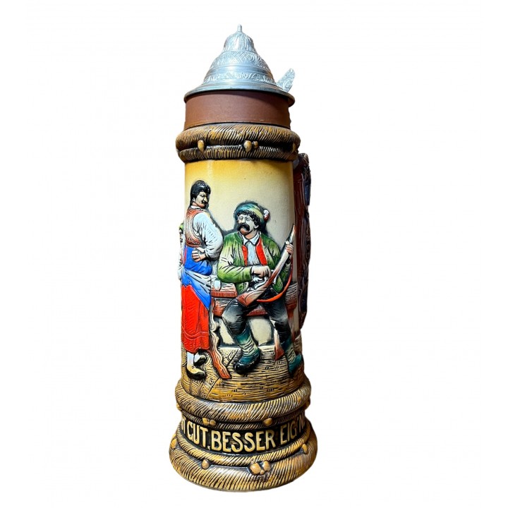 Пивная большая кружка с оловянной крышкой Охотник. Германия