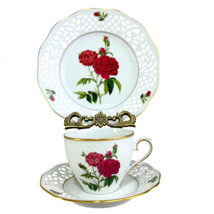 Чайное трио №8 Rosa Gallica Bordo, Schumann Arzberg, прорезной фарфор. Германия