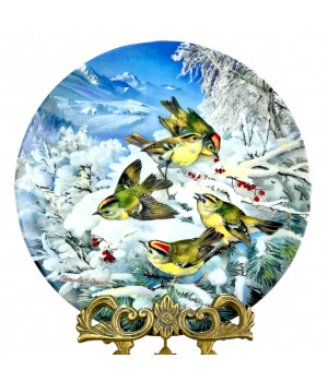 Декоративная тарелка, Птицы зимой, Зимний золотой петушок на опушке леса, Hutschenreuther. Германия