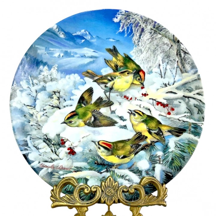 Декоративная тарелка, Птицы зимой, Зимний золотой петушок на опушке леса, Hutschenreuther. Германия